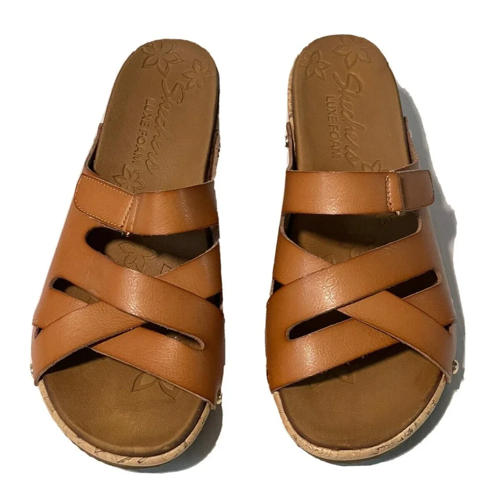 Skechers Luxe Foam Sz 9 M/39 EU Brown Cork Wedge￼ Strappy Sandals Slides C - Picture 7 of 9
